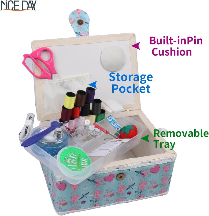 Nice Day Sewing Basket, Classic Fabric Design Sewing Kit Accessories Large Sewing Box Sewing Supplies Organizer and Storage Portable Sewing Kit Embroidery Boxn 11.4 x 7.5X 5.1in (Middle/Green) - Image 2